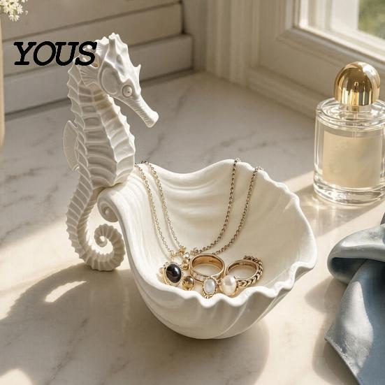 Storage Tray Jewelry Holder, Seahorse Shape Tray, with Wave Shell Durable Groove Design, for Rings Necklaces Earrings Dressing Table