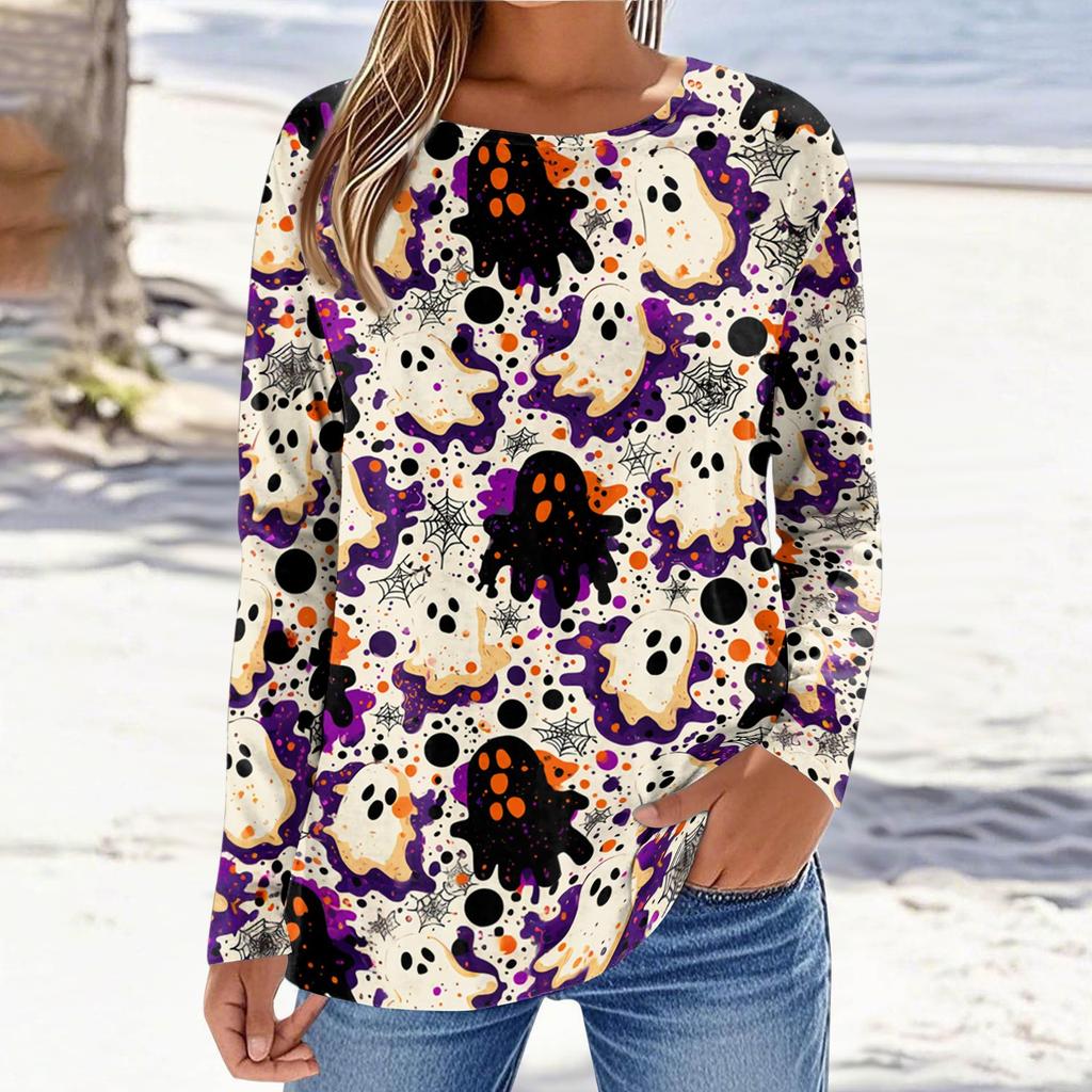 Women's Halloween Print Pullover Sweatshirt Crew Neck Long Sleeve Casual Loose Fit Top for Fall and Winter