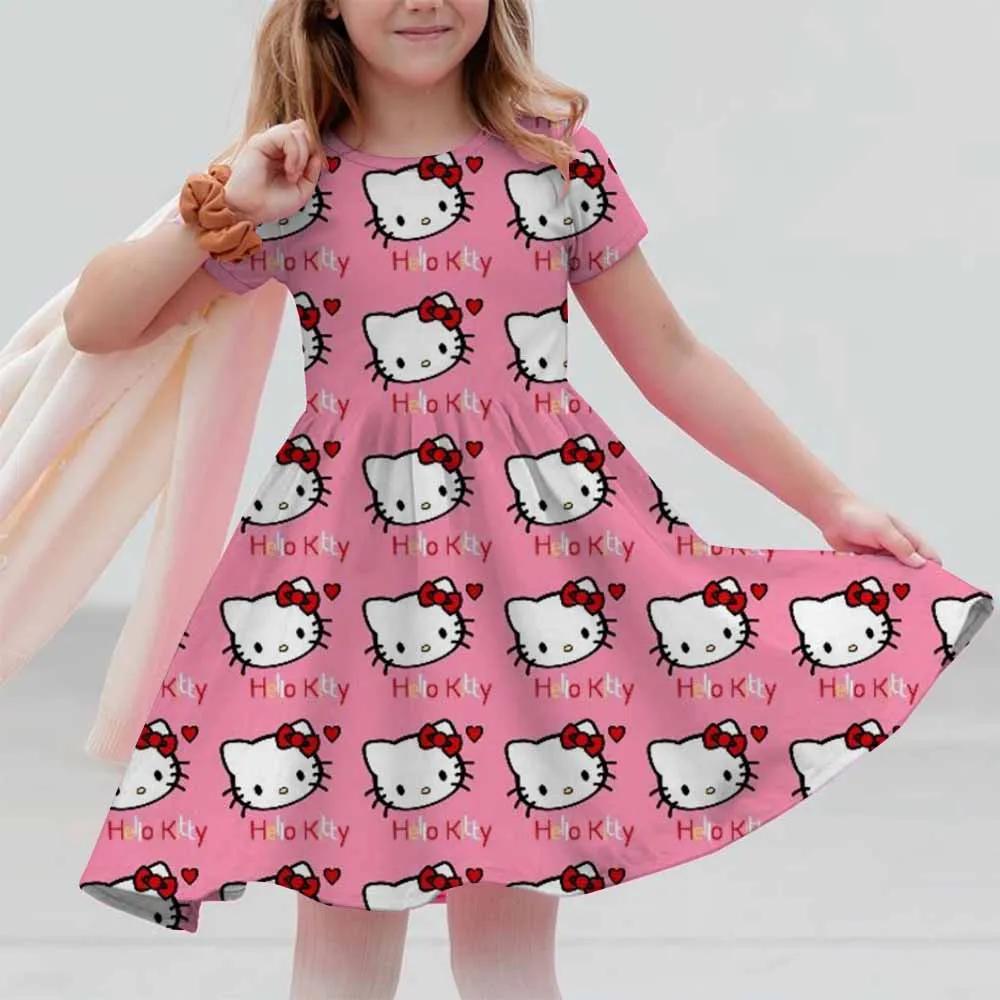 New Summer Dress Fashion Cartoon Cute Hello Kitty 3D Print Dresses Kids Short Sleeve Princess Girls Party Children Clothes