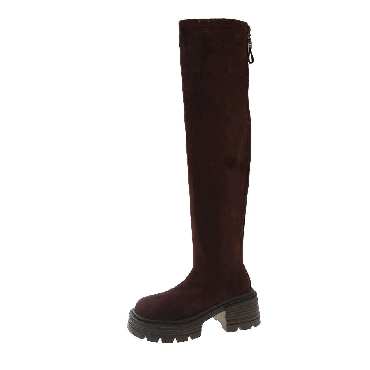 

Модные зимние модные женские сапоги на высоком каблуке из цельного флика с круглым носком на платформе, лаконичные сапоги выше колена с квадратным каблуком, эластичные сапоги 2024 года, новинка 40 коричневый