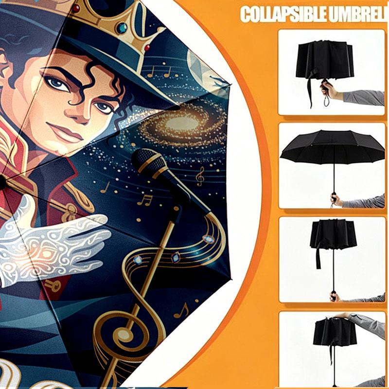 Custom Name Personalized Michael Jackson POP Print Umbrella, Auto Open Close, 8‑Rib Sturdy Frame, Commute Camping Hiking Use, Birthday Gift
