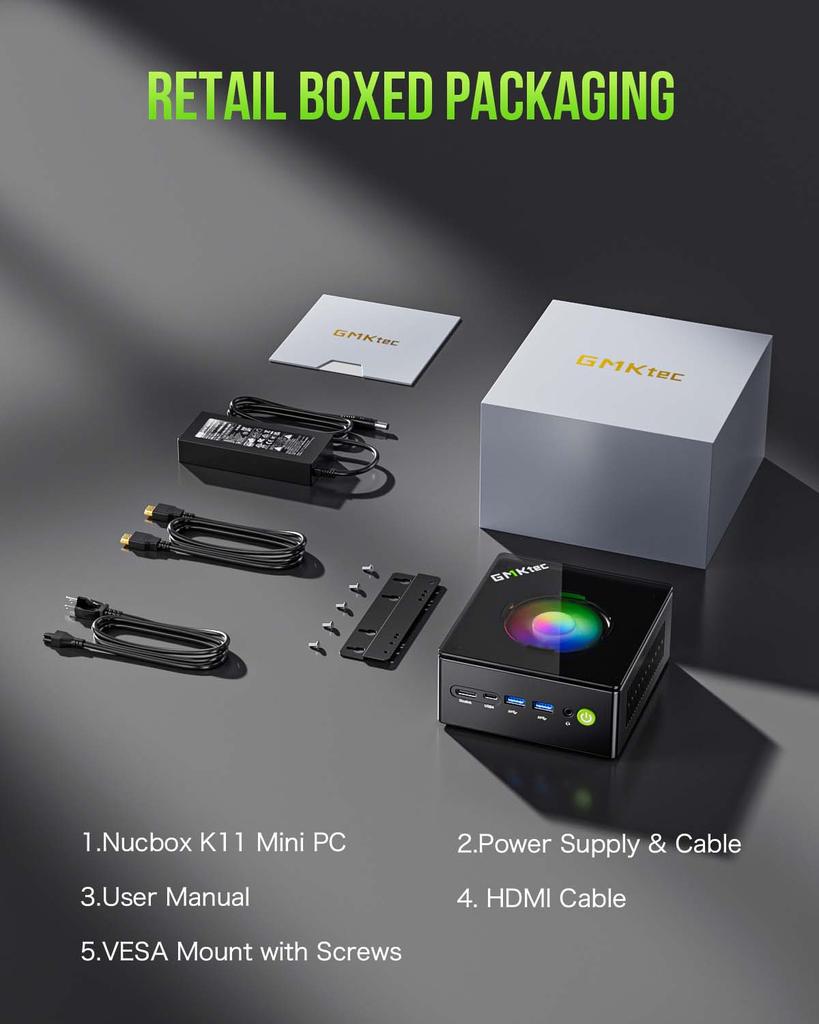 GMKtec K11 Nucbox AMD R9 8945HS Mini PC DDR5 5600MHz SSD PCIe4.0 Win11 Pro Displej pro čtyři monitory OCulink Stolní herní počítač