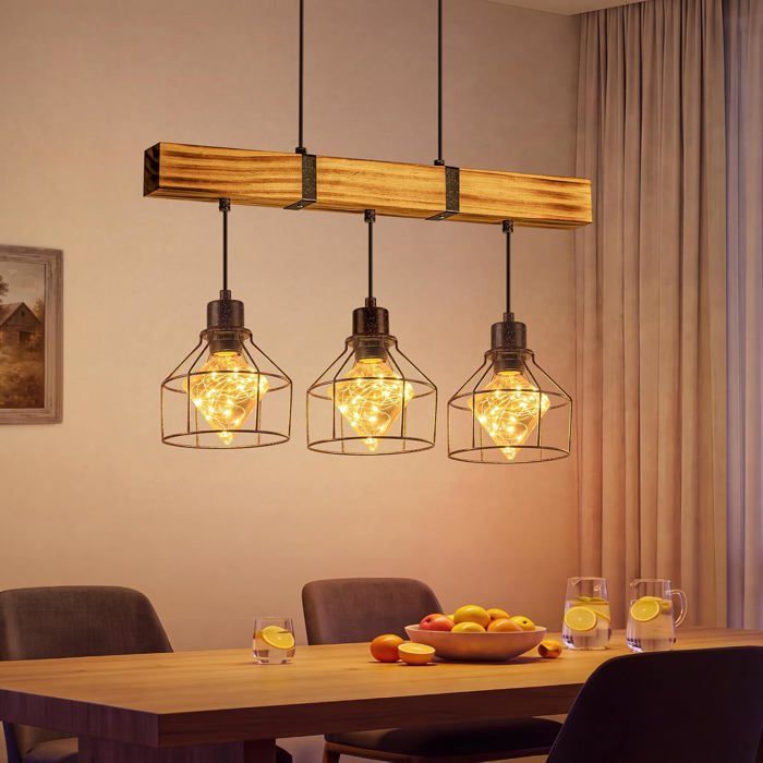 Holz-Pendelleuchte - NETTLIFE - E27 - 3xE27-Fassungen - Höhe verstellbar 120 cm - Grauer Vintage-Stil