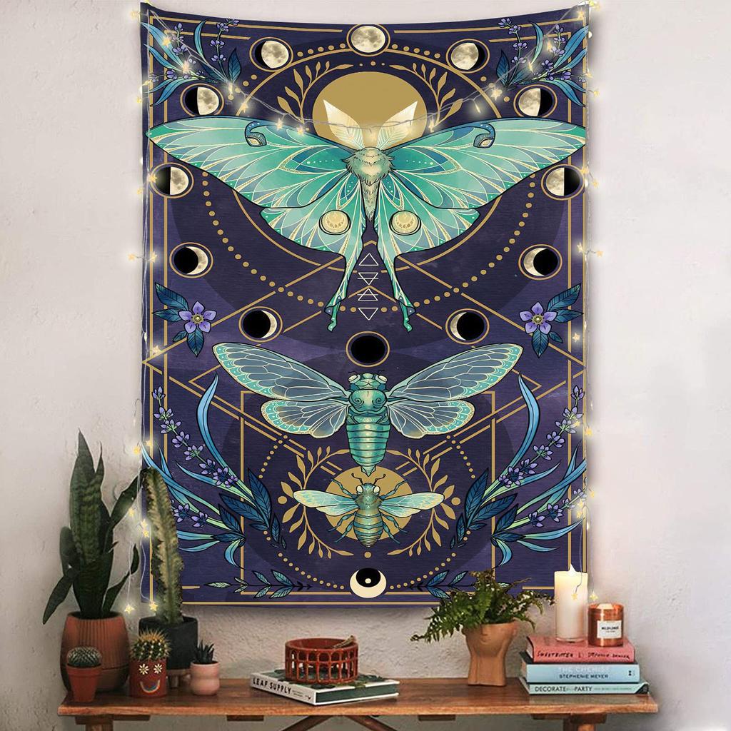 Garden tapestry moon phase tapestry flowers vines black background cloth home decoration wall carpet hanging cloth