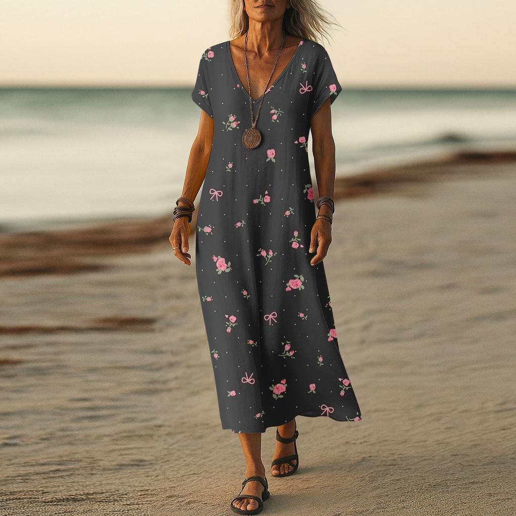 Summer Dress Women's Long Boho Beach Dress Elegant Maxi Dress V-Neck Short Sleeve Summer Tunic Dress Light Airy