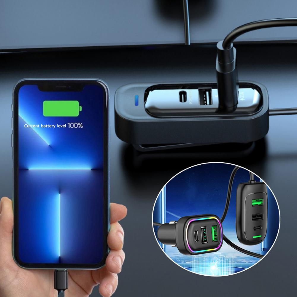 6-Ports USB Type-C Front And Rear Extension Car Charger With RGB Light PD Fast Charging Power Adapter For Phone Laptop