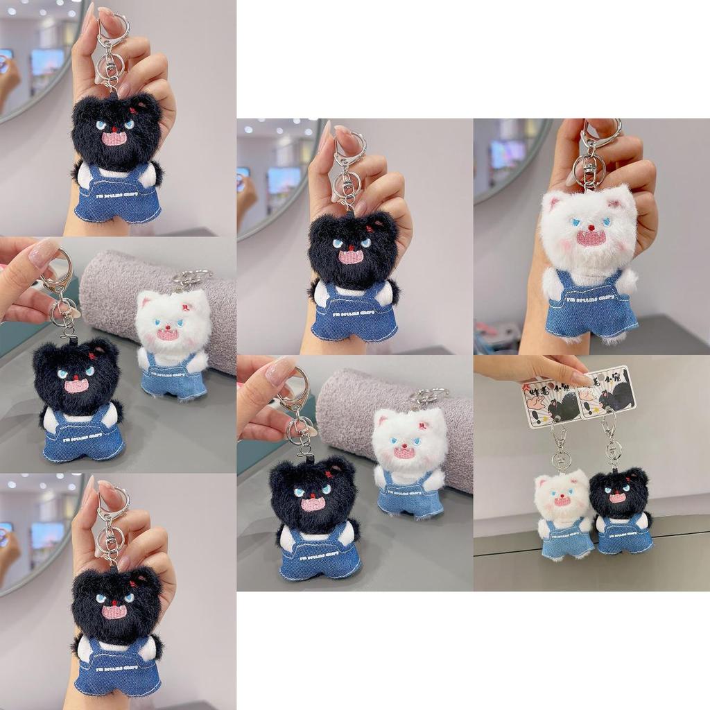 Plush Angry Cat Keychain With Denim Overalls For Anime Collectors And Gift Givers