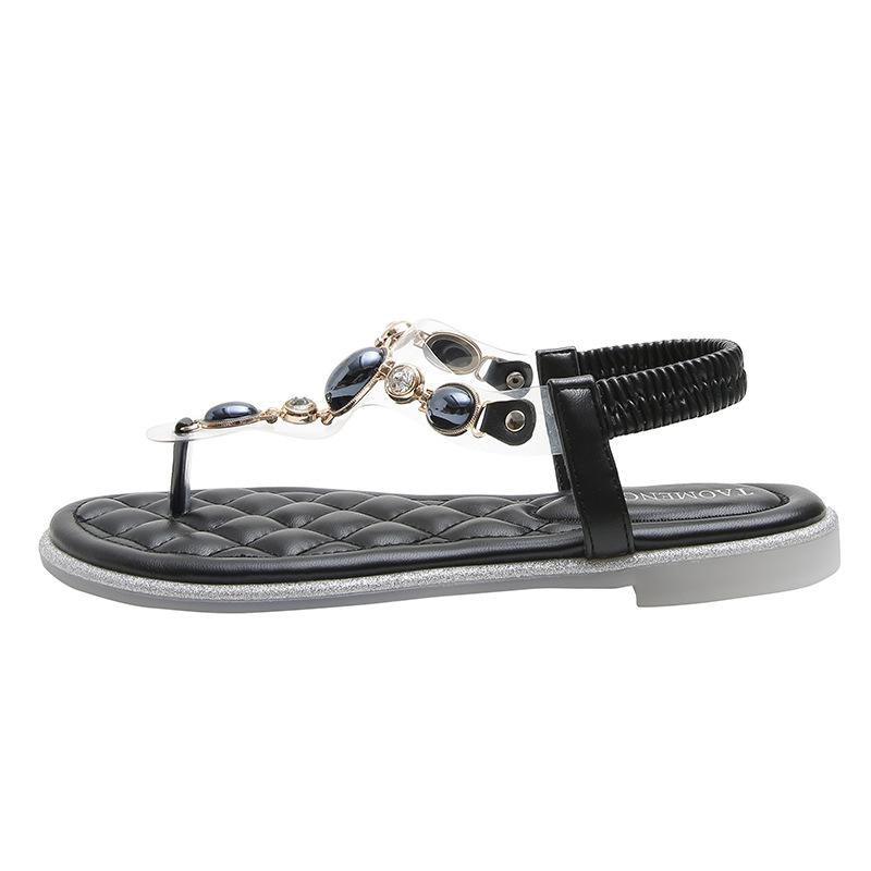 Fashion rhinestone chains thong sandals women soft bottom elastic band transparent sandalias mujer 34-43 big size crystal summer shoes
