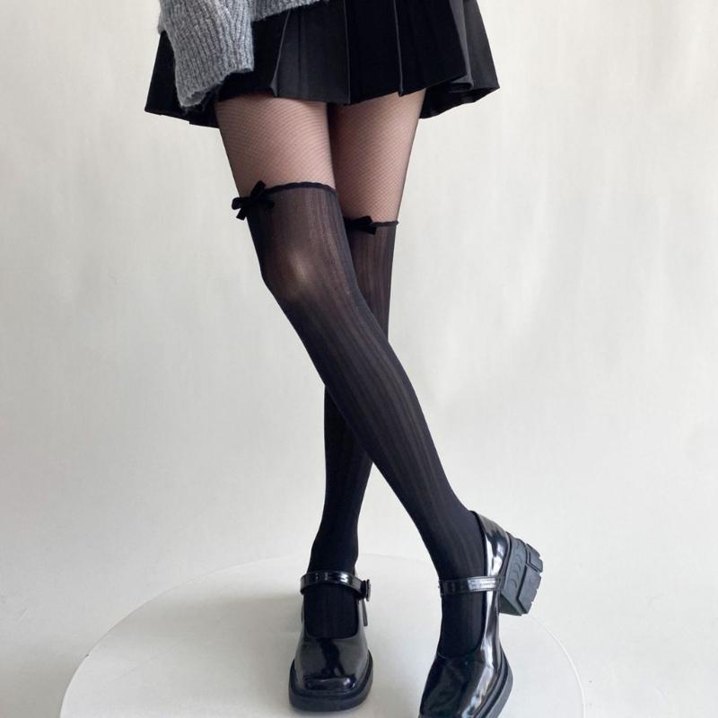 Women Contrast Sheer Mesh Splicing Pantyhose Fake Thigh High Stockings Elegant Ruffle Trim Bowknot Silk Tights Leggings