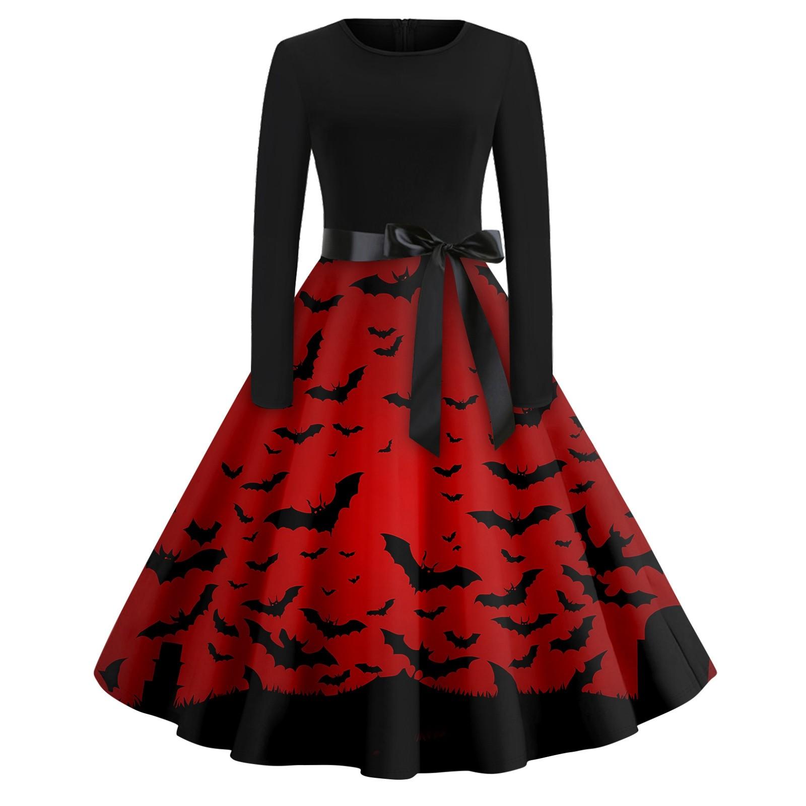 

Платье-клеш с принтом на Хэллоуин для женщин с длинным рукавом, повседневные платья с круглым вырезом и ажурной отделкой S