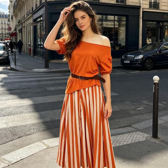 Women's Summer Vacation 2 Piece Skirt Sets Off Shoulder Short Sleeve Top And Striped Flowy Maxi Skirt Casual Travel Outfits with Belt