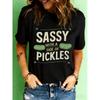 Playful Pickled Cucumber Print T-Shirt | Short Sleeve Crew Neck Casual Top for Women, Spring & Summer, Regular Length