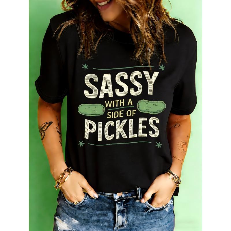 Playful Pickled Cucumber Print T-Shirt | Short Sleeve Crew Neck Casual Top for Women, Spring & Summer, Regular Length