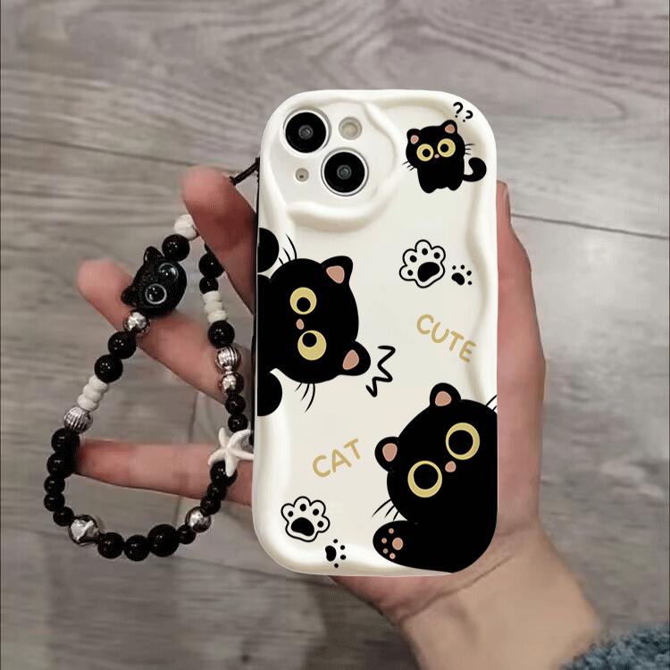 Cute Mirror Black Cat Lanyard Chain Case For Xiaomi Redmi 15 15C 14C 13C 12C 13 12 A5 Note 12 13 14 Pro Plus 5G 11S 10 11 Pro 4G