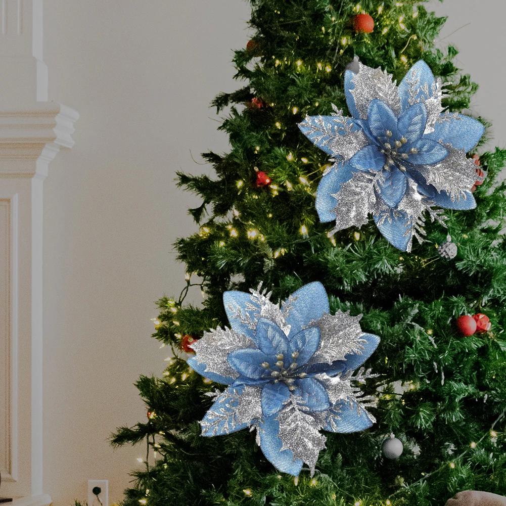 10/20Pcs Bling Flower Heads Glitter Powder Flowers Decors Xmas Tree Decoration Sparkling Christmas Flowers New Year Supplies