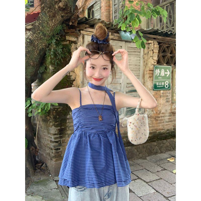 Kumikumi Sweet Style Contrast Color Plaid Pleat Age-Reducing Cami Women Summer Waist Hugging Slimming Versatile Top