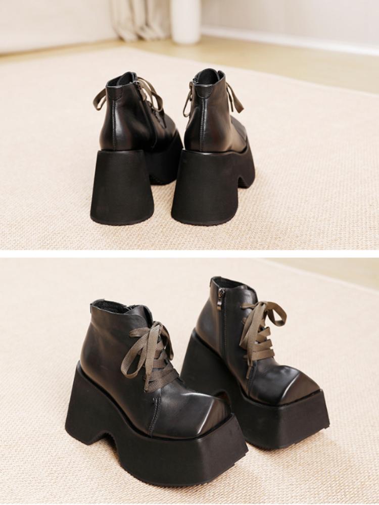Johnature Retro 10CM Thick Sole Shoes Women's Square Toe Genuine Leather Lace Up Platform Short Boots