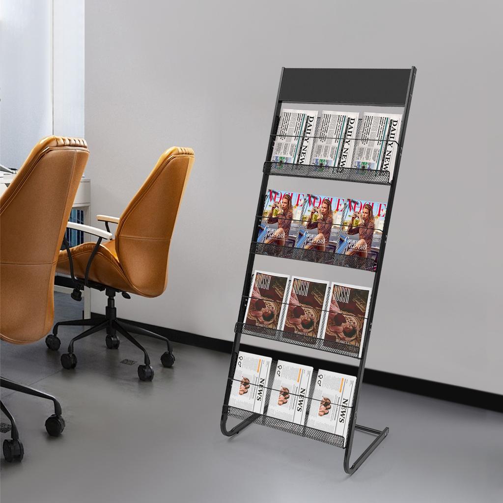 4-Tier Floor Standing Magazine Rack, Modern Iron Periodical Holder for Living Room Organization, Black Storage Display Stand