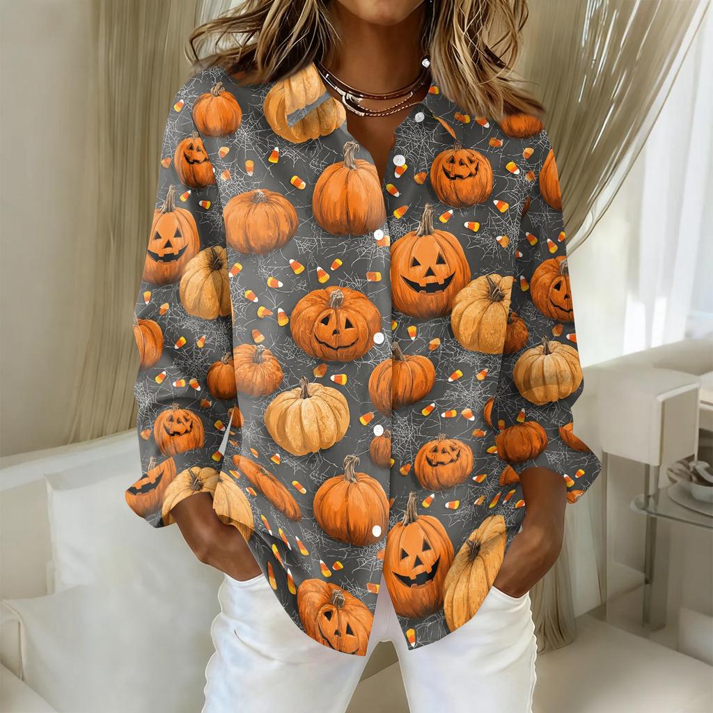 Women Button Down Shirt Halloween Pumpkin Print Turn Down Collar Long Sleeve Casual Fit Blouse Top for Daily Wear