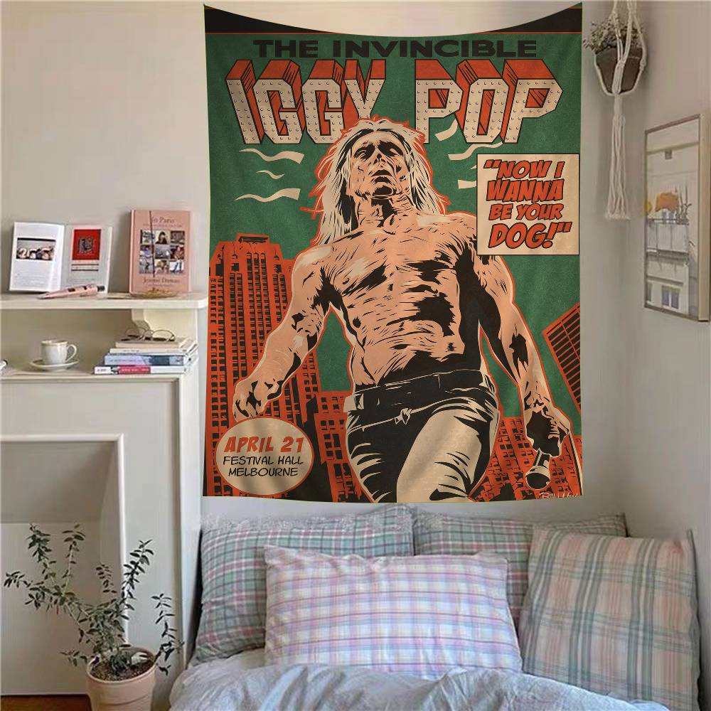 Iggy Pop Band Anime Tapestry Hippie Flower Wall Carpets Dorm Decor Cheap Hippie Wall Hanging