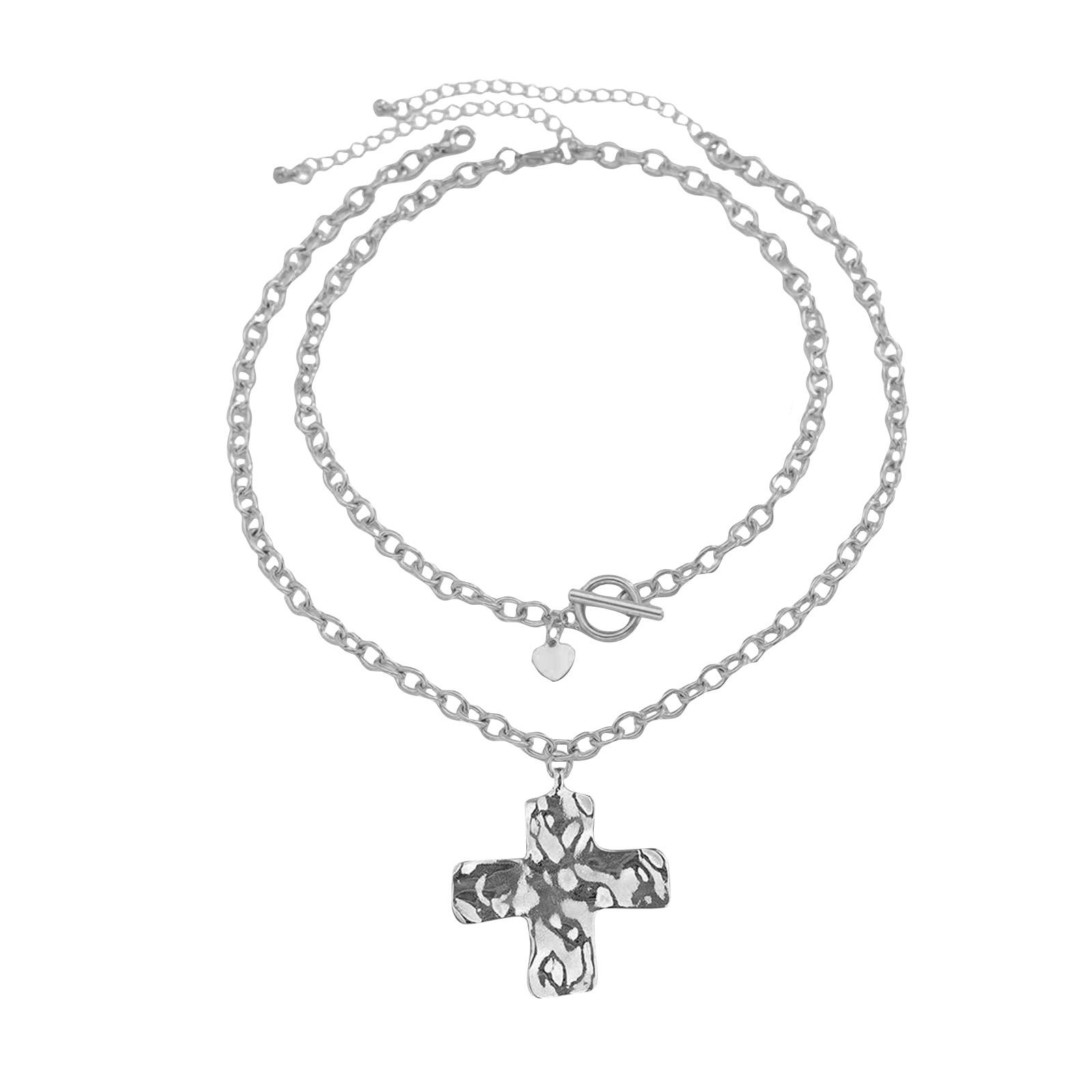 Женское золотое массивное ожерелье, Преувеличенное ожерелье с подвеской в виде креста, Многослойное кованое массивное ожерелье, Винтажное ожерелье с Т-образной застежкой One Size серебряный