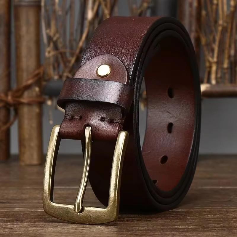 3.8CM Top Cow Genuine Leather Belts for Men Copper Buckle Fashion Style FULL GRAIN Male Belt for Jeans Cowhide Strap