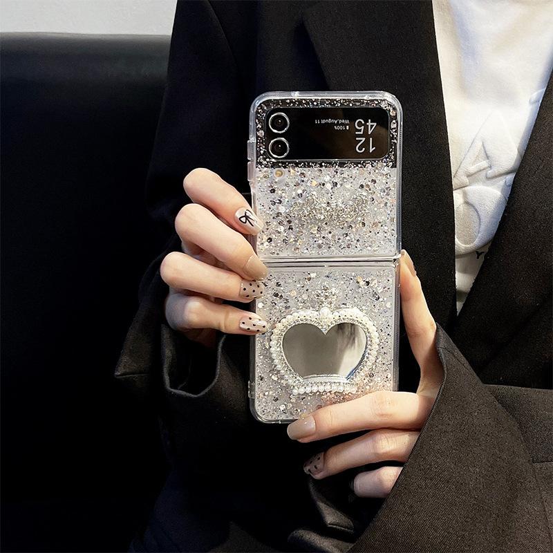 Transparent Phone Case for Samsung ZFold6 Foldable Screen, ZFlip5 Flip Style Galaxy Heart-shaped Cat Claw Mirror