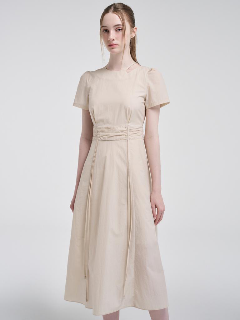 Etmont Neck Cut-Out Shirring Dress, Light Beige