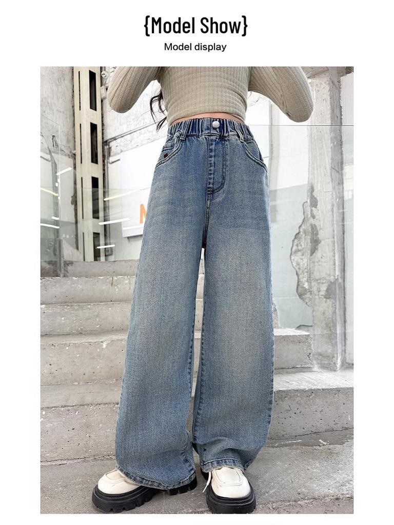 Girls' 2025 Spring Wide-Leg Jeans - Korean Style Fashionable Straight-Leg Pants for Kids