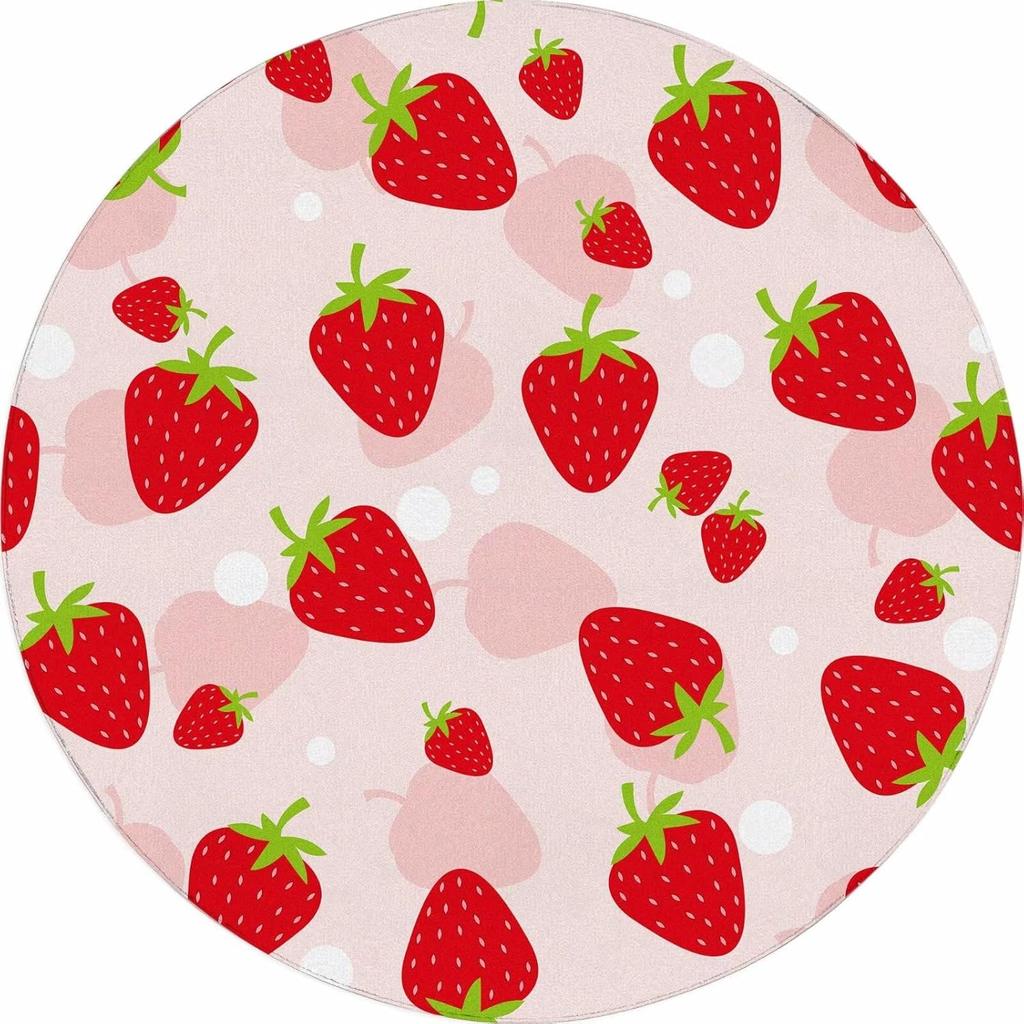 Round Strawberry Rug Kwaii Pink Circle Rugs for Bedroom Dorm Living Room Cute Area Rug Floor Mat Pad Doormat Carpet,