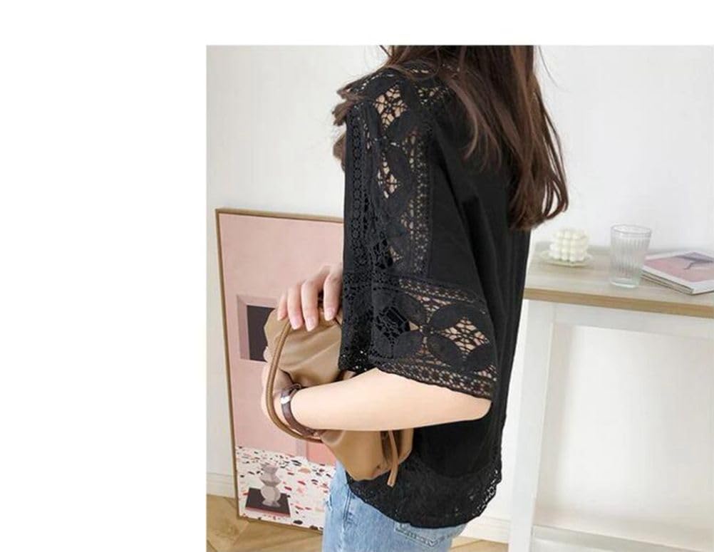 YAYUPLUS Shirt Openwork Embroidered Floral Short Loose Full Voluminous Feminine Free Women's Blouse, Top, Knit, Print, Lace, Sleeve, Fit, Lace,