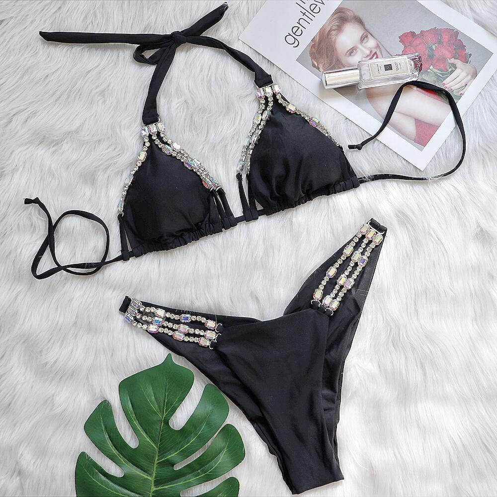 2022 Rhinestone Metal Women's Bikini - Sexy Two-Piece Solid Color Tie-Up Swimsuit for Resort Wear.