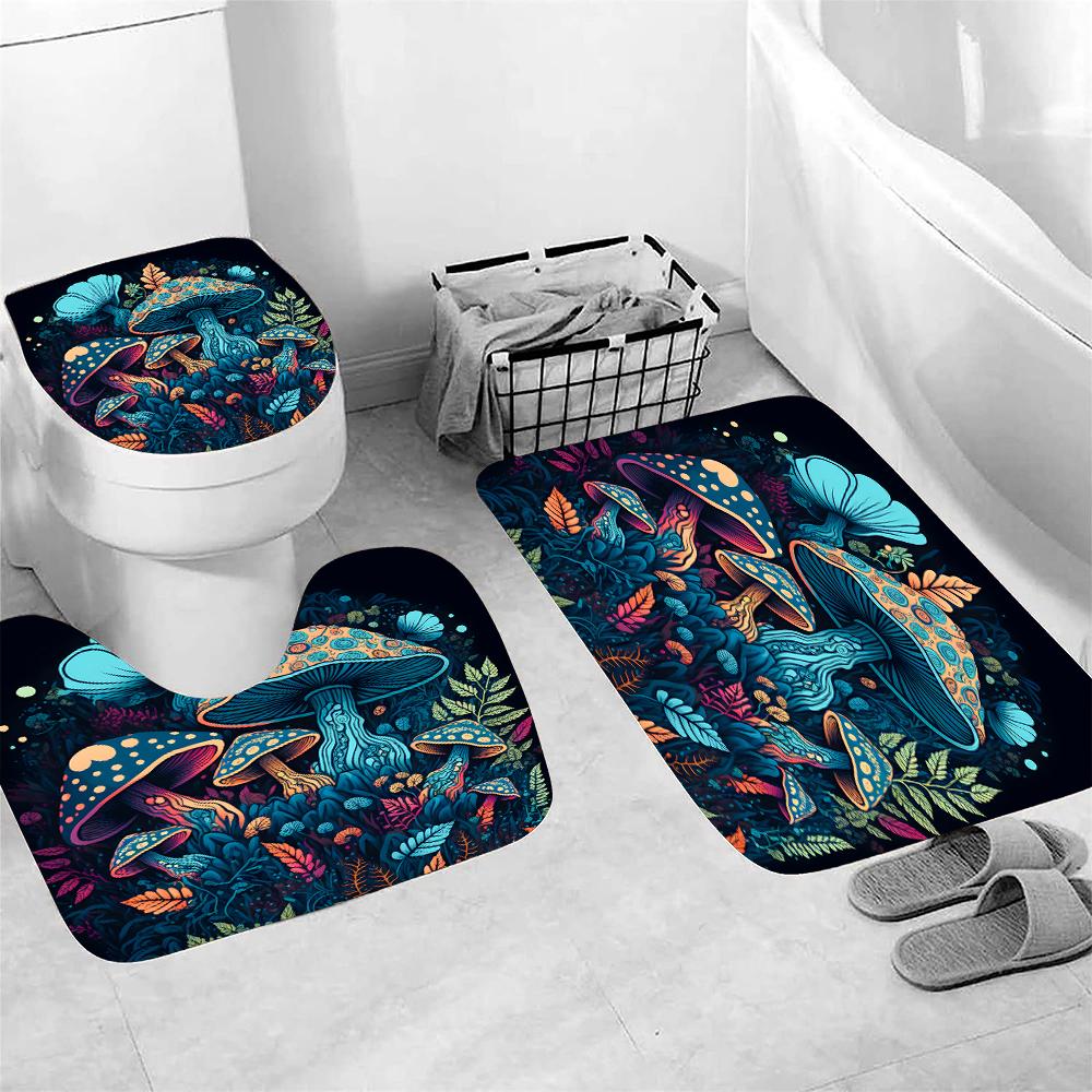 4-Piece Set Of Blue Cartoon Mushroom Printed Waterproof Shower Curtains With 12 Hooks And Bathroom Floor Mats