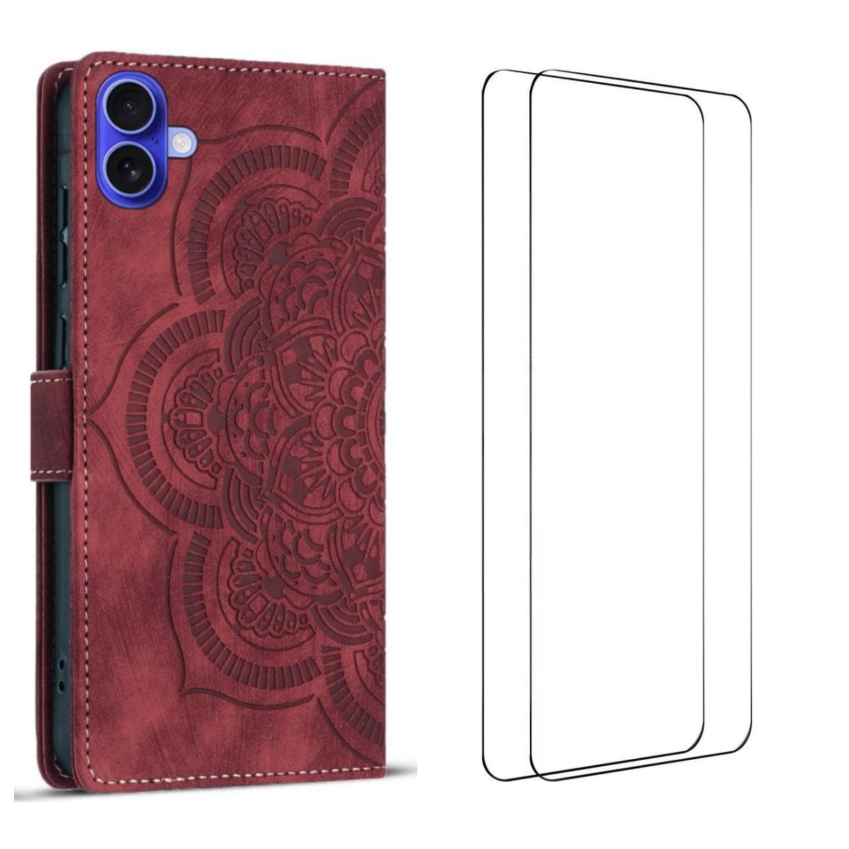 

For iPhone 17 Case with 2Pcs Tempered Glass WANLONFENG MTL Series Mandala Leather Phone Cover Red