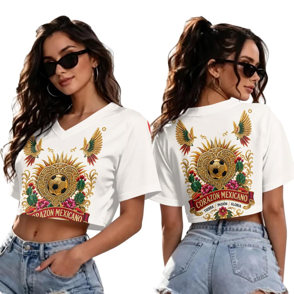 Women's Mexico Print V-Neck Short Sleeve T-Shirt for Soccer Fans