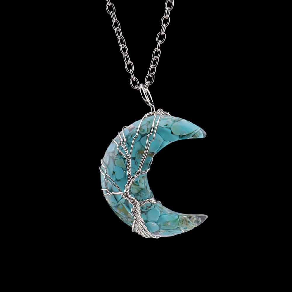 Natural Crystal Crescent Moon Pendant – Tree of Life Necklace