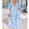 Summer Sexy Deep V-neck Long Dress For Women Office Lady Solid Puff Sleeve Dress Fashion Casual Shirring A-line Robe 25816