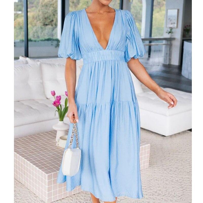 Summer Sexy Deep V-neck Long Dress For Women Office Lady Solid Puff Sleeve Dress Fashion Casual Shirring A-line Robe 25816