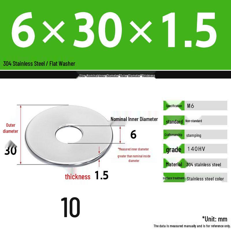 304 Stainless Steel Thickened Flat Washer Set, Sizes 2-36