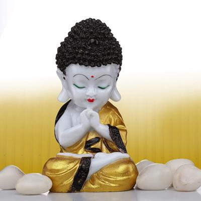 Polyresin Buddha Idol Decorative Showpiece Little Baby Monk Buddha, (Golden with Border)