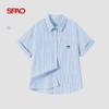 SPAO Women's Blue Stripe Short Sleeve Shirt with Cartoon Bear