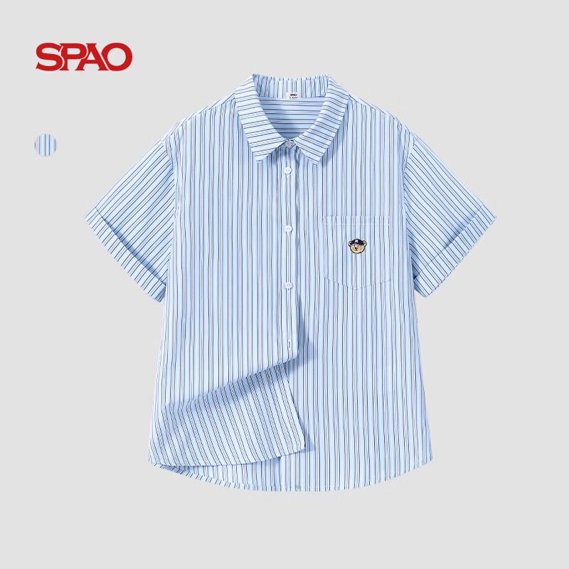 SPAO Women s Blue Stripe Short Sleeve Shirt with Cartoon Bear XL