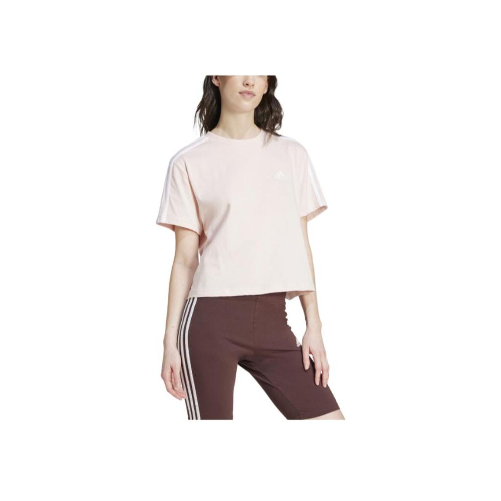 Adidas Striped Round Neck Short Sleeve T-Shirt Women Tops Pink IY4227