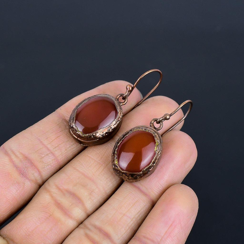 Carnelian Copper Electroformed Earrings, Handmade Gemstone Earrings Jewelry, Gifts For Wife Brand New Earrings