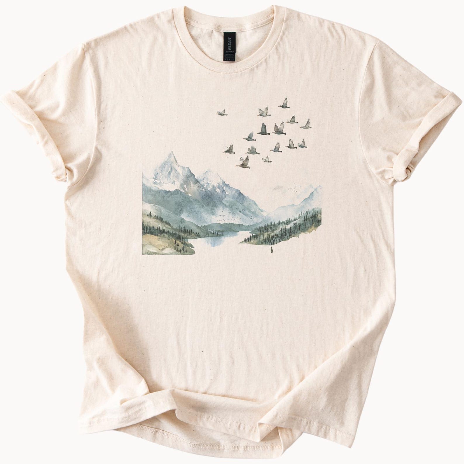 Mountain Lake Landscape Graphic T Shirt Nature Scene with Birds Flying Over Watercolor Wilderness Outdoors Hiking Adventure Tee 110