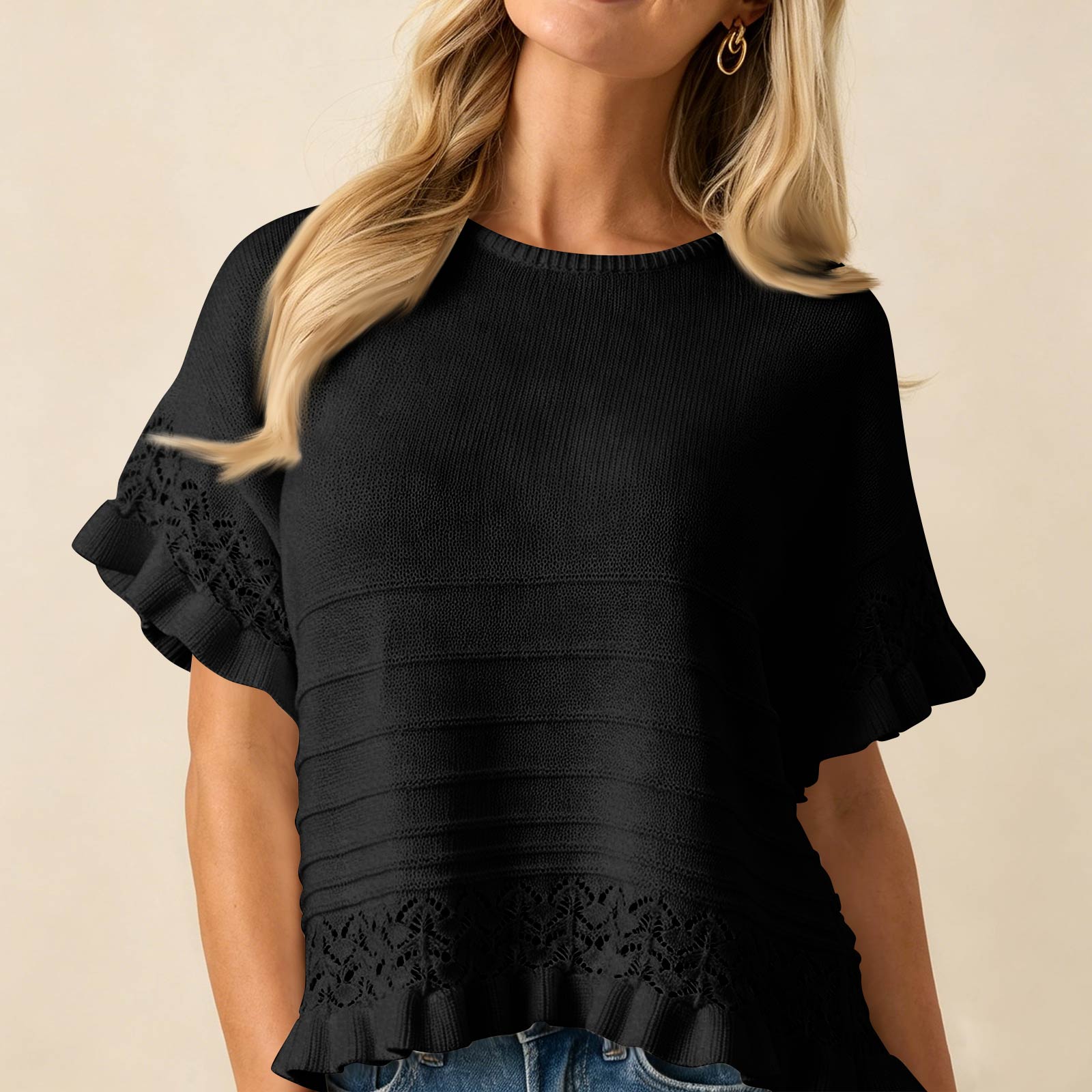 

Summer New Women Knit Short Sleeve Sweater Round Neck Hollow Out Ruffle Hem Loose Fit Top Lightweight Casual Pullover L чёрный