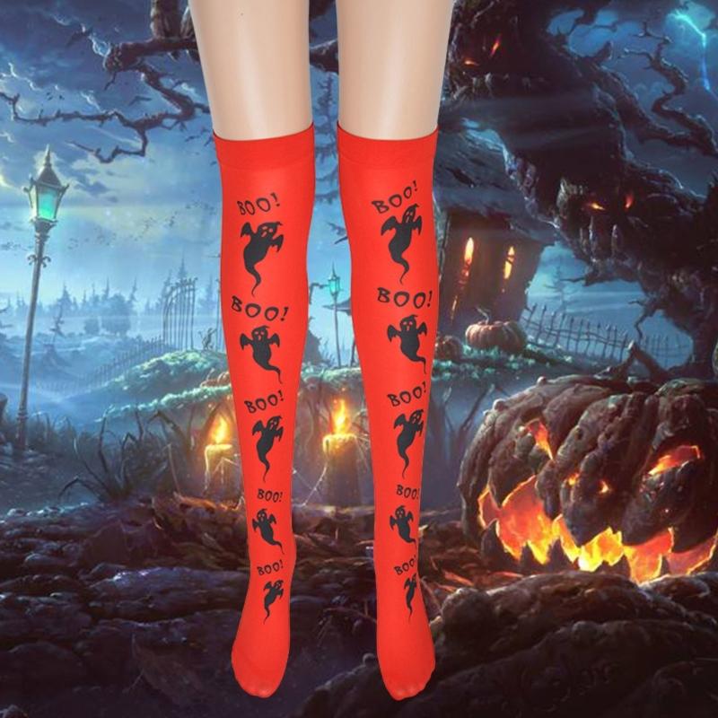 Gothic Style Long Socks Halloween Theme Stockings Spooky Pattern Print Over Knee Length Hosiery for Women Girls Cosplay