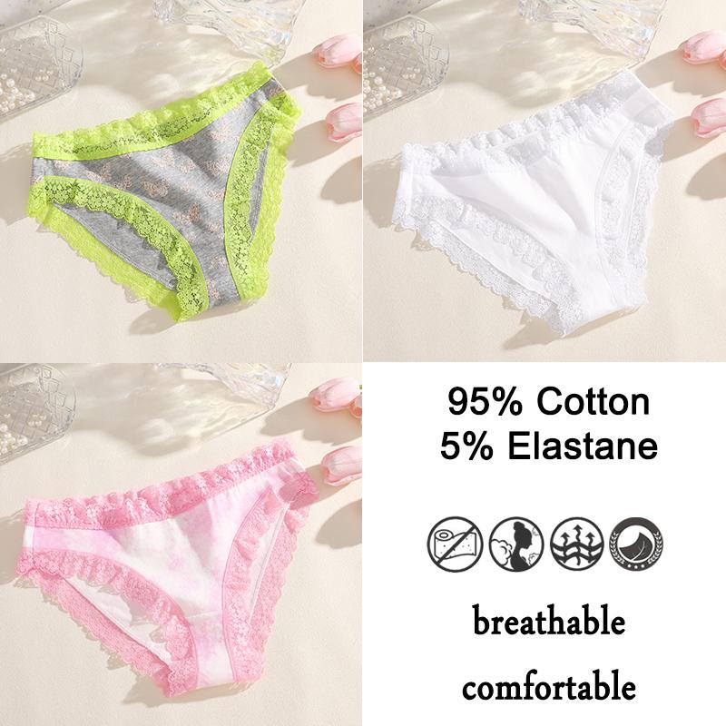 FINETOO 3PCS/SET Women Cotton Printing Panties Seamless Lace Panties Low Rise Briefs Comfortable Sexy Lingerie Intimates Panties