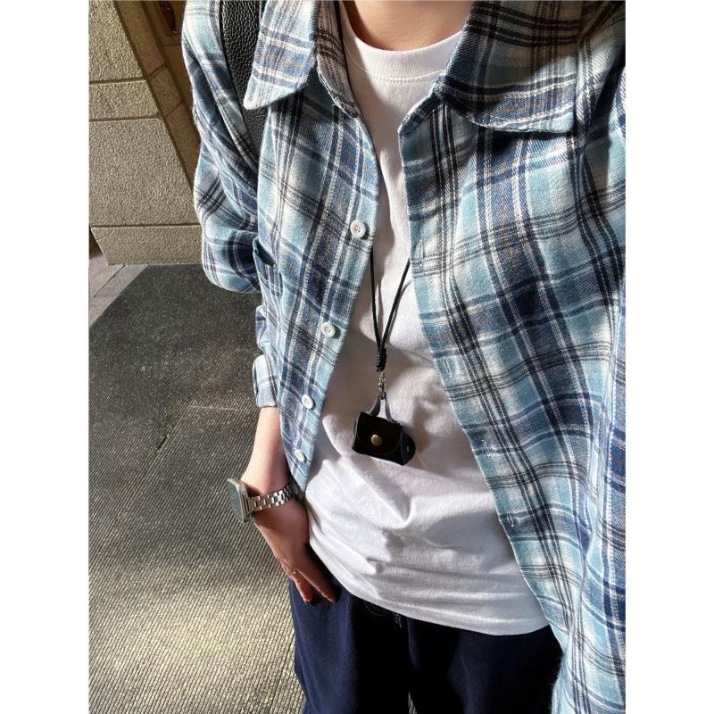 Man Jiang Yue Women's Retro Blue Plaid Shirt - Early Spring Chic Design, Casual Brushed Cardigan Jacket