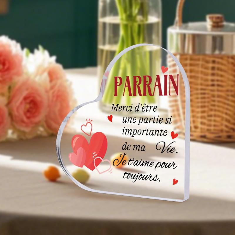 2D Flat, French Acrylic 'Parrain' Godfather Heart-Shaped Decoration Plaque, Suitable for wall Decoration, porch, Room, Villa, accents Home, Hallway, o